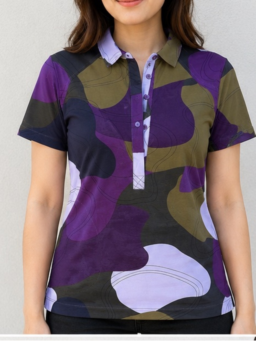 Indyeva Printed Performance Polo Top XS Purple & Olive Abstract Print
